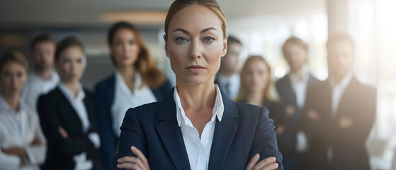 Wall Mural - A confident female business leader with his arms crossed, standing looking at the camera, with his team behind him, in an office environment.
