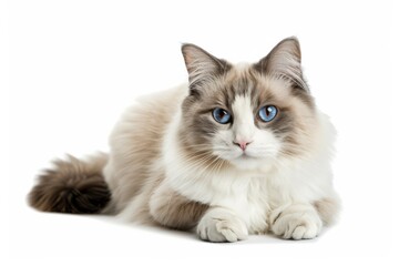 Wall Mural - Photo medium view cat ragdoll cat front full body looking at me background is pure white background with focused lighting, generated with AI