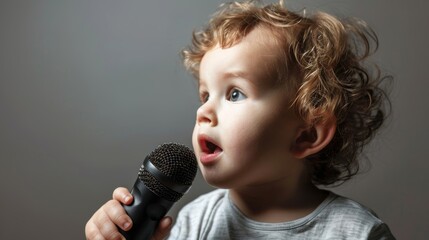 A child with a speech impediment practicing speaking into a microphone with their the