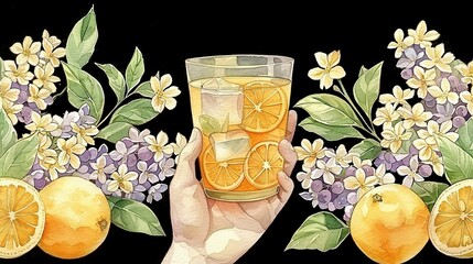   Painting of black background with hand holding orange juice, lemons and lilacs