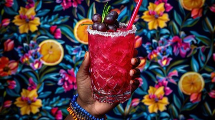 Wall Mural -   A close-up photo of a person clutching a glass of drink topped with two cherries on the rim