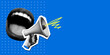 © Morena - Pop art modern collage with screaming mouth and bullhorn. Halftone newspaper elements. Advertising banner with megaphone and copy space. Announcement banner of news, sales. Loudspeaker announces