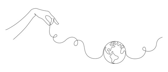 Fototapete - One continuous line drawing of hand holding Earth globe. World environment day poster in simple linear style. Protect and save planet concept in editable stroke. Doodle outline vector illustration
