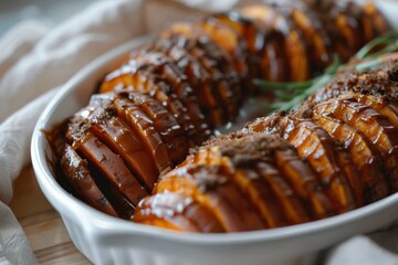 Sweet potatoes sliced thin and baked in sweet sauce until crispy