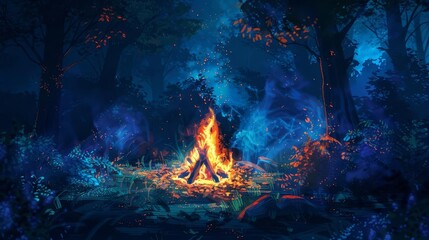 Wall Mural - enchanting campfire in a dark forest at night warm flames illuminating the woods digital painting