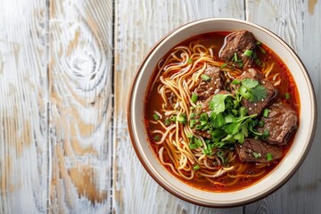 Wall Mural - Taiwanese beef noodle soup on wooden table top view copy space