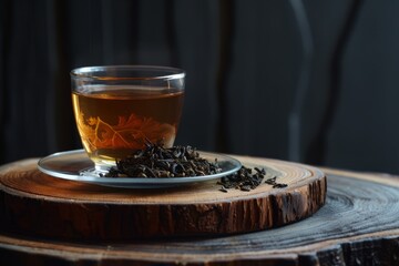 Poster - Tea cup with hot brew and dried leaves on wooden plate on black table