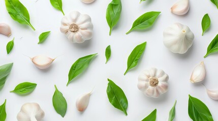 Wall Mural - fresh garlic bulbs with leaves in creative pattern isolated on white top view flat lay digital food photography