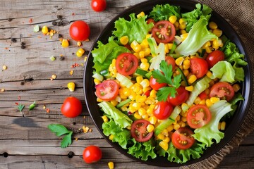 Canvas Print - Top view of balanced vegan salad with corn tomatoes lettuce and beans