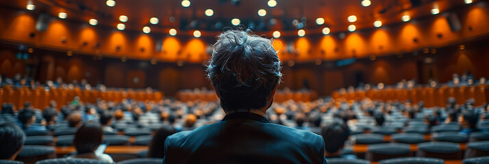 Japanese business man giving speech in a modern auditorium