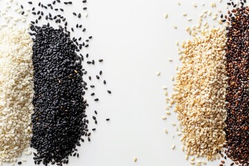 Wall Mural - Various sesame seeds arranged on white background from top view for banner design