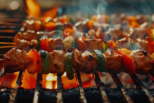 Grilling Shashlik on a Barbecue Grill Close-Up