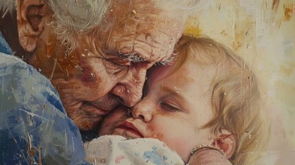 Wall Mural - An elderly persons painting of a grandparent holding their grandchild showcasing the love and emotion captured in their artwork