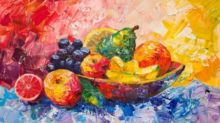 Wall Mural - A vibrant and lively stilllife painting of fruit created by an elderly person with a keen eye for detail