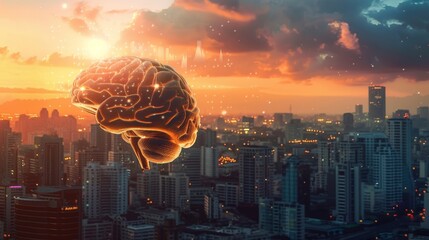 Wall Mural - An image of a brain in a calm state with a busy cityscape in the background representing the daily practice of meditation to bring calm and clarity in a hectic world