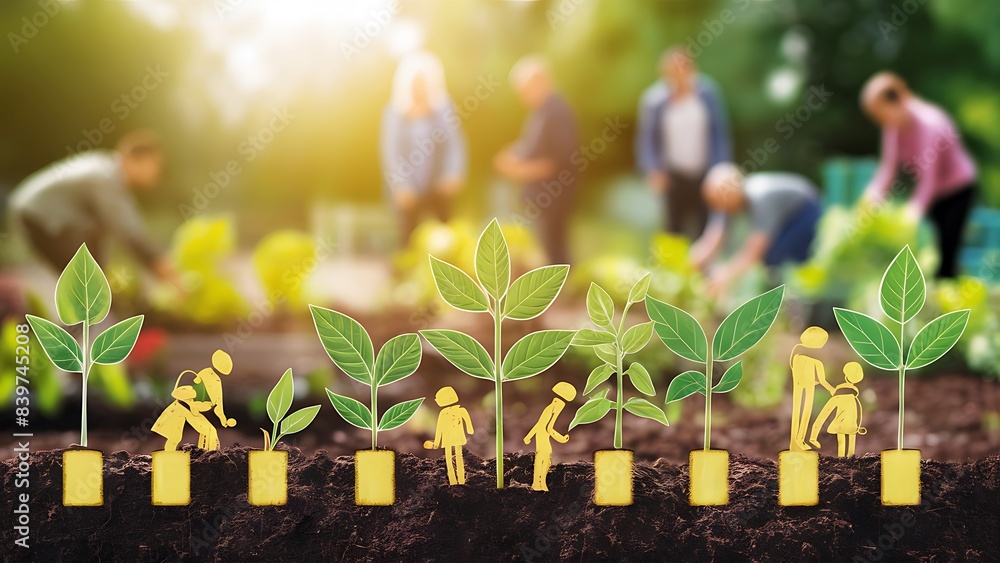 Sustainable development with community garden and 2D illustrated people ...
