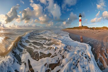 Wall Mural - Panoramic view of a lighthouse standing at the coast of Sylt, North Sea, Germany 