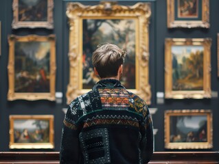 Back of an adult person looking at renaissance style paintings in an old museum art gallery