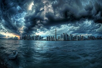Canvas Print - Panoramic view of Cloudy Toronto City Skyline with Waterfront 
