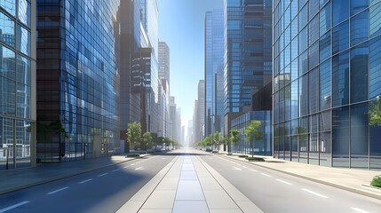 Wall Mural - cityscape of empty street lined with tall glass buildings and greenery under clear sky, 3d rendering