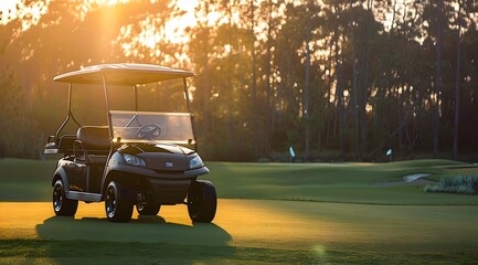 Wall Mural - Black luxury golf cart parked on green golf course during sunrise with beautiful scenery