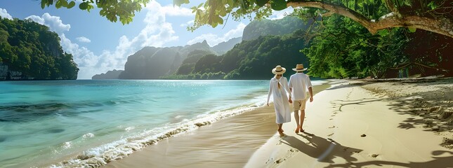 Wall Mural - A couple in white attire and sun hats walking on a pristine beach with clear blue waters and rocky cliffs, capturing a romantic tropical getaway