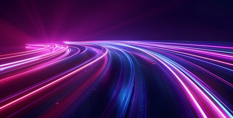 Fast moving neon light trails in pink, purple, and blue hues, curving and twisting over a dark surface dynamic and vibrant abstract background, suggesting speed and modernity