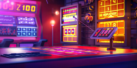 Wall Mural - Game Show Host Desk: An interactive desk with a buzzer, game board, and scoreboard, ready for a game show host to host a lively game show.