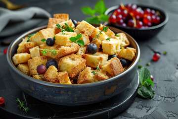 Wall Mural - A bowl of food with croutons bread and berries on top