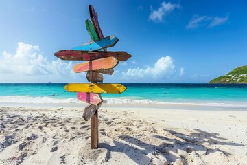 Canvas Print - Signpost of Caribbean islands on the beach at St Maarten 