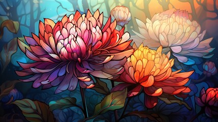 Wall Mural - A vibrant illustration of a flower with petals that resemble colorful stained glass 