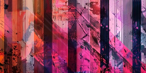 Wall Mural - abstract digital art with vertical and diagonal stripes in pink and orange