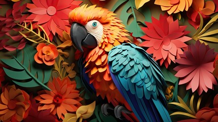 A vibrant paper art illustration of a parrot in a tropical setting  