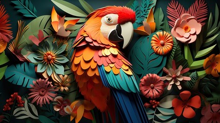 Wall Mural - A vibrant paper art illustration of a parrot in a tropical setting  