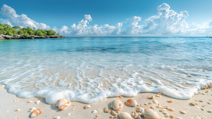 Wall Mural - Sunny tropical beach landscape with white sand and turquoise clear water rocks and shells spread across the sand. Cool background in summertime