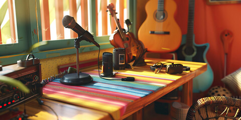 Poster - Brazilian Musician's Sanctuary: Colorful desk with musical instruments, a microphone, and a cozy chair, highlighting a talented musician's creative space in Brazil