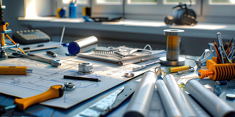 German Engineer's Precision: Clean desk with various tools and blueprints, reflecting an engineer's attention to detail in Germany. 