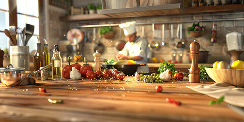 Italian Chef's Kitchen: Elegant wooden island with cooking utensils and fresh ingredients, highlighting a passionate Italian chef at work.