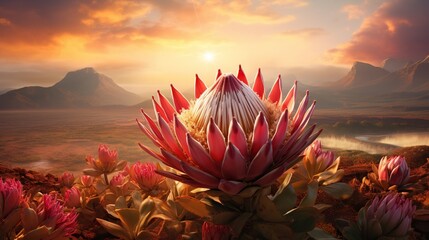 Wall Mural - An African protea flower with striking, unique petals and earthy tones, set against a savanna landscape - 