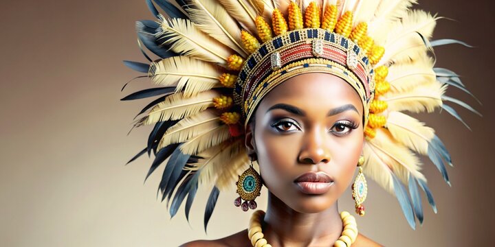stunning african woman portrait with intricate headdress and feather - captivating beauty and cultur