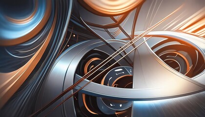 Wall Mural - An abstract composition featuring a complex arrangement of metallic structures and lines, illuminated by warm and cool lighting. The futuristic design evokes a sense of innovation, technology.