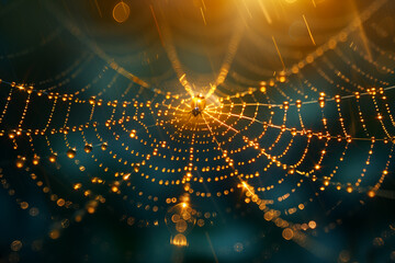 Dew drops on a spider web, top view, 3d render