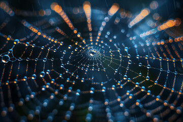 Dew drops on a spider web in dark background, top view, 3d render