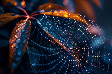 Dew drops on a spider web in dark background, top view, 3d render