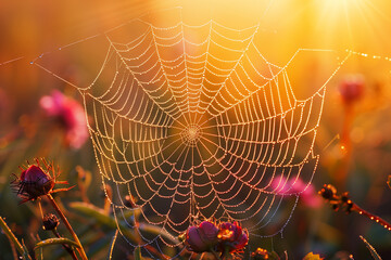 Dew drops on a spider web, top view, 3d render