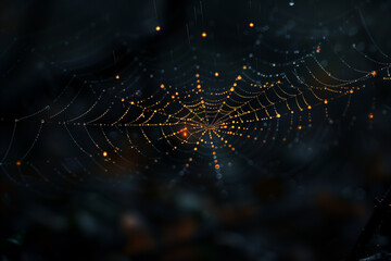Dew drops on a spider web in dark background, top view, 3d render