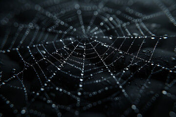 Dew drops on a spider web in dark background, top view, 3d render