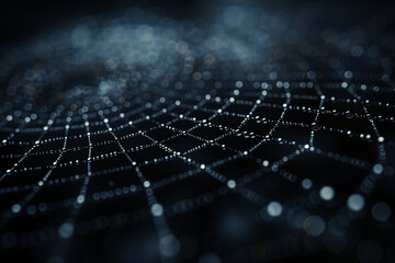 Dew drops on a spider web in dark background, top view, 3d render