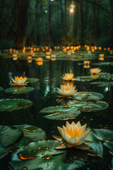 Wall Mural - Tranquil pond with lily pads and reflections