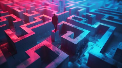 A man is standing on a ledge in a maze